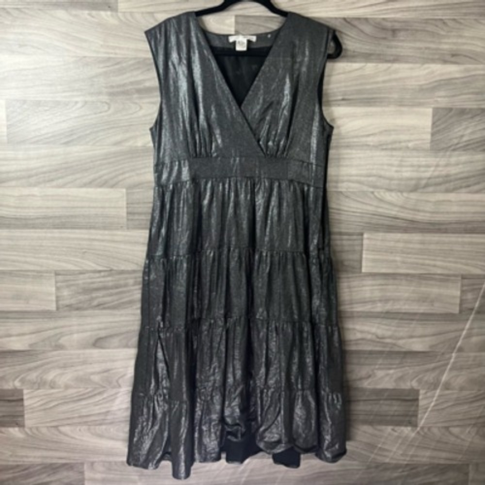 WD.NY Womens A Line Dress Gray Metallic Tiered Knee Length Sleeveless Zipper 10